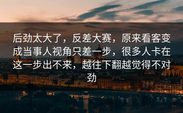 后劲太大了，反差大赛，原来看客变成当事人视角只差一步，很多人卡在这一步出不来，越往下翻越觉得不对劲
