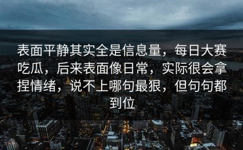 表面平静其实全是信息量，每日大赛吃瓜，后来表面像日常，实际很会拿捏情绪，说不上哪句最狠，但句句都到位